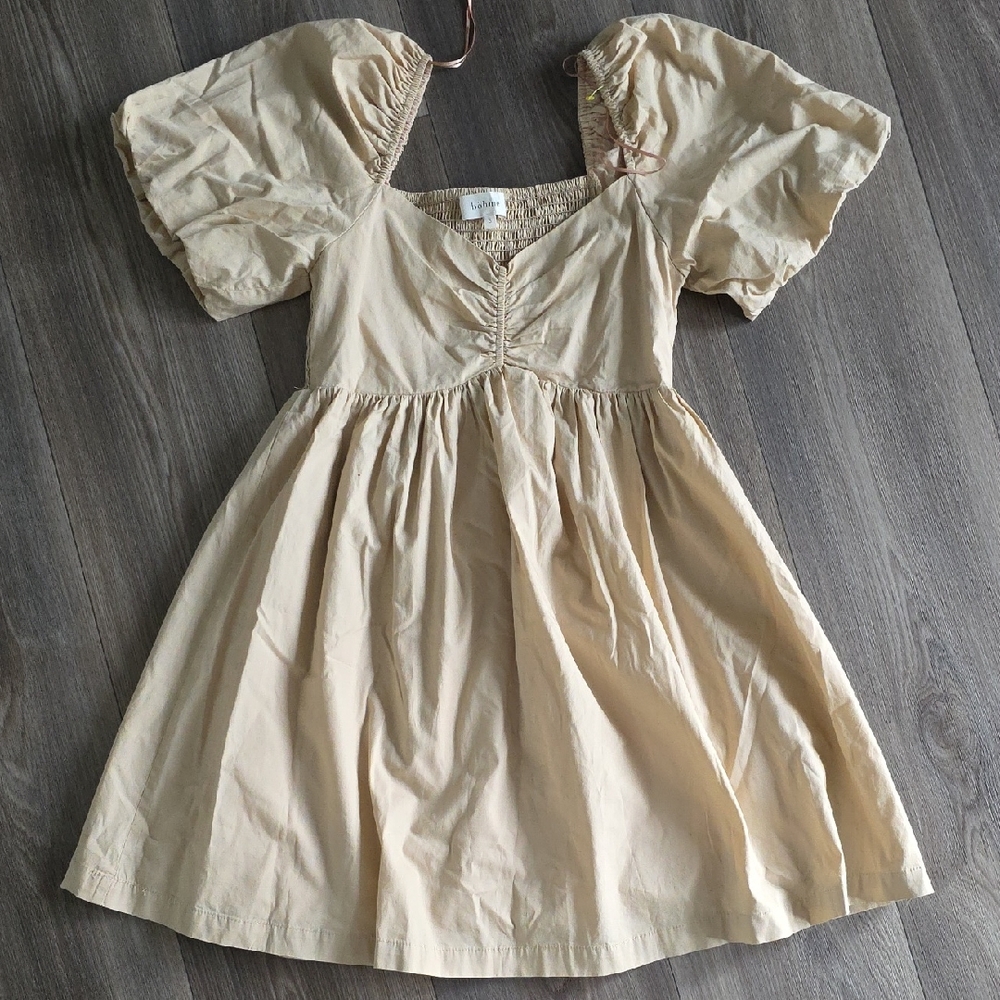 Boheme Beige Puff Sleeve Midi Dress